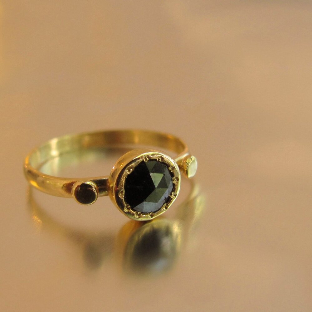 14K Yellow Gold Ring with Gray Diamond, Handmade Promise Ring
